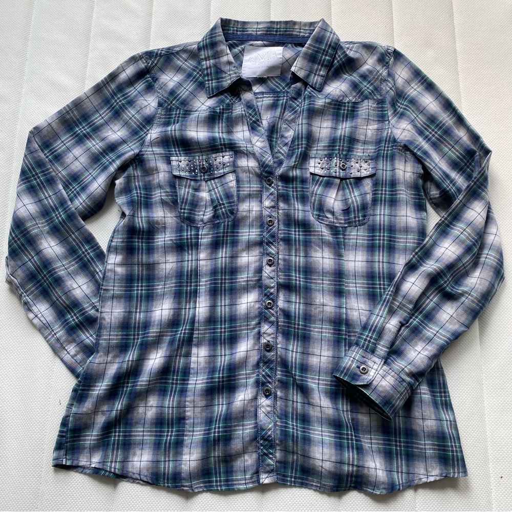 Plaid Button-Down Shirt in Blue and Green